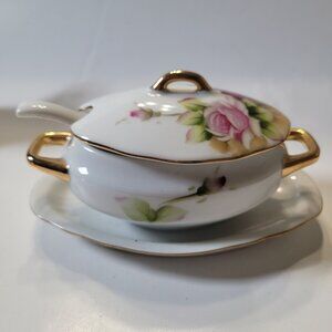 Lefton Vintage Floral Sugar Bowl with Spoon & Cover Hand Painted Japan